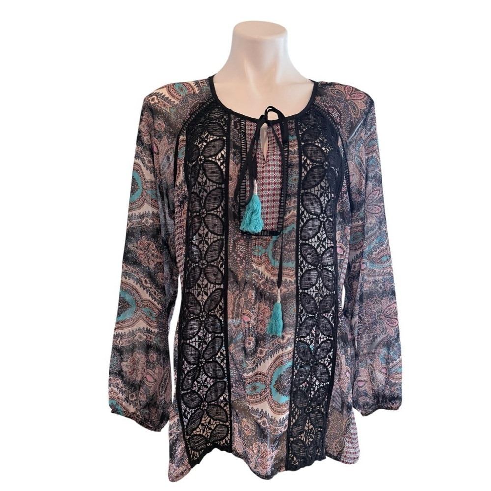 ANTHROPOLOGIE Meadow Rue Giada Long Sleeve Crochet Detail Blouse Size L